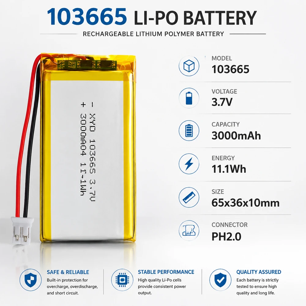 103665/103565 3.7V 3000mAh Akumulator litowo-polimerowy, złącze PH2.0, bateria zamienna, oryginalny power bank — zdjęcie produktu 3