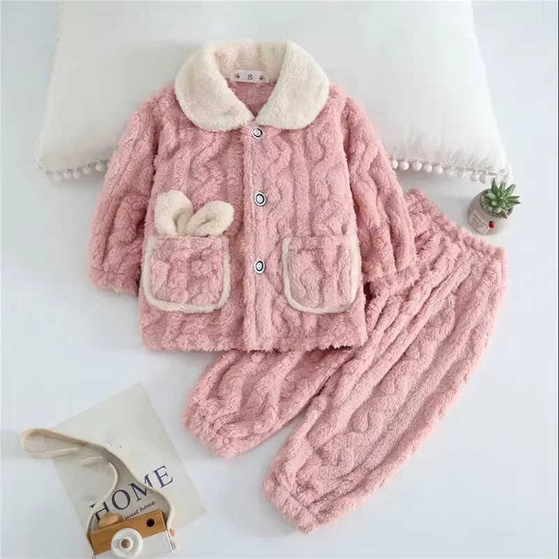 Girls' Winter Pajama Set Short Plush Lapel Home Pajama Suit Set Sweet Style Sleeping Clothes Pants 1-12 Years Old Home Clothes