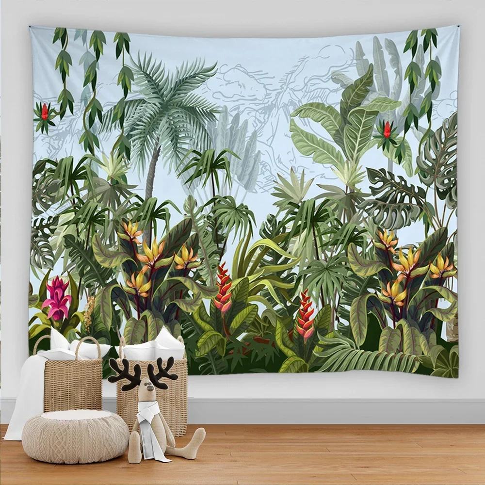 Palm Tree Tapestry Wall Hanging Tropical Leaves Flowers Birds Beach Wall Tapestry Animal Backdrop Wall Cloth Carpet Tapestries