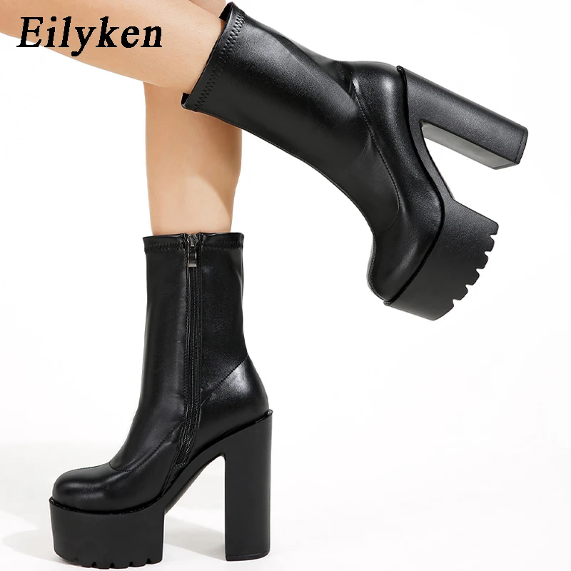 Eilyken PLUS BIG SZIE 43 Winter Chunky High Heels Platform Ankle Women Boots Stretch Fabric Round Toe Zipper Female Shoes