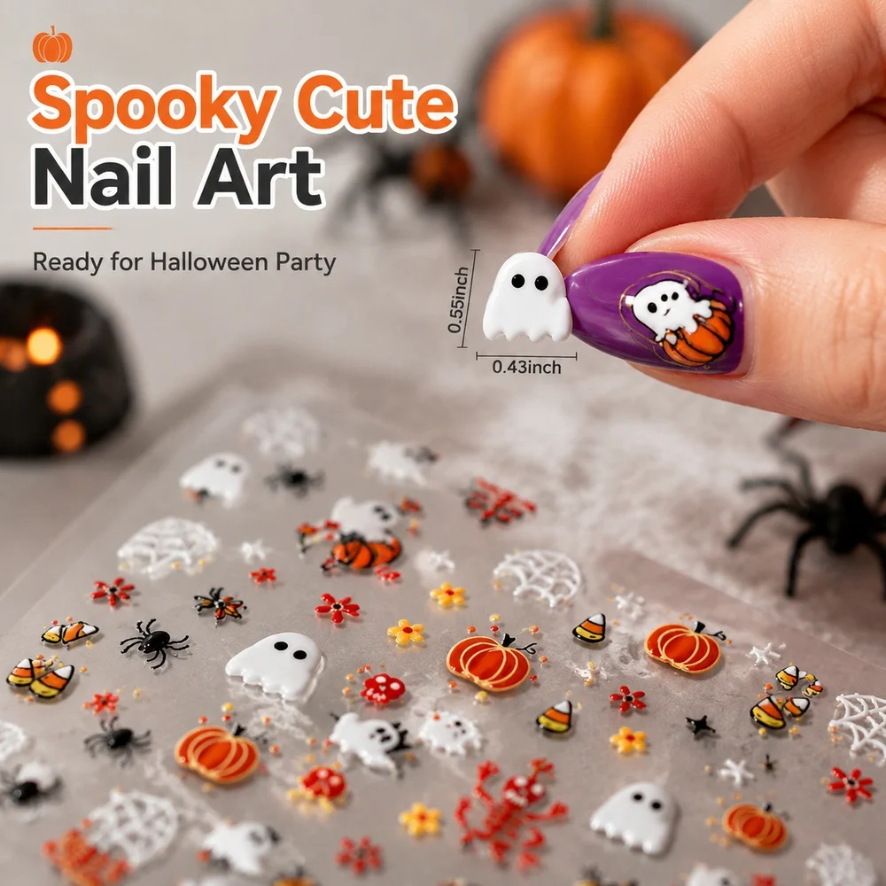 1Pc Y2K Spooky Halloween Nail Decals 5D Raised Dancing Skeleton Floral Ghost Pattern Waterproof Single Sheet Nail Sticker