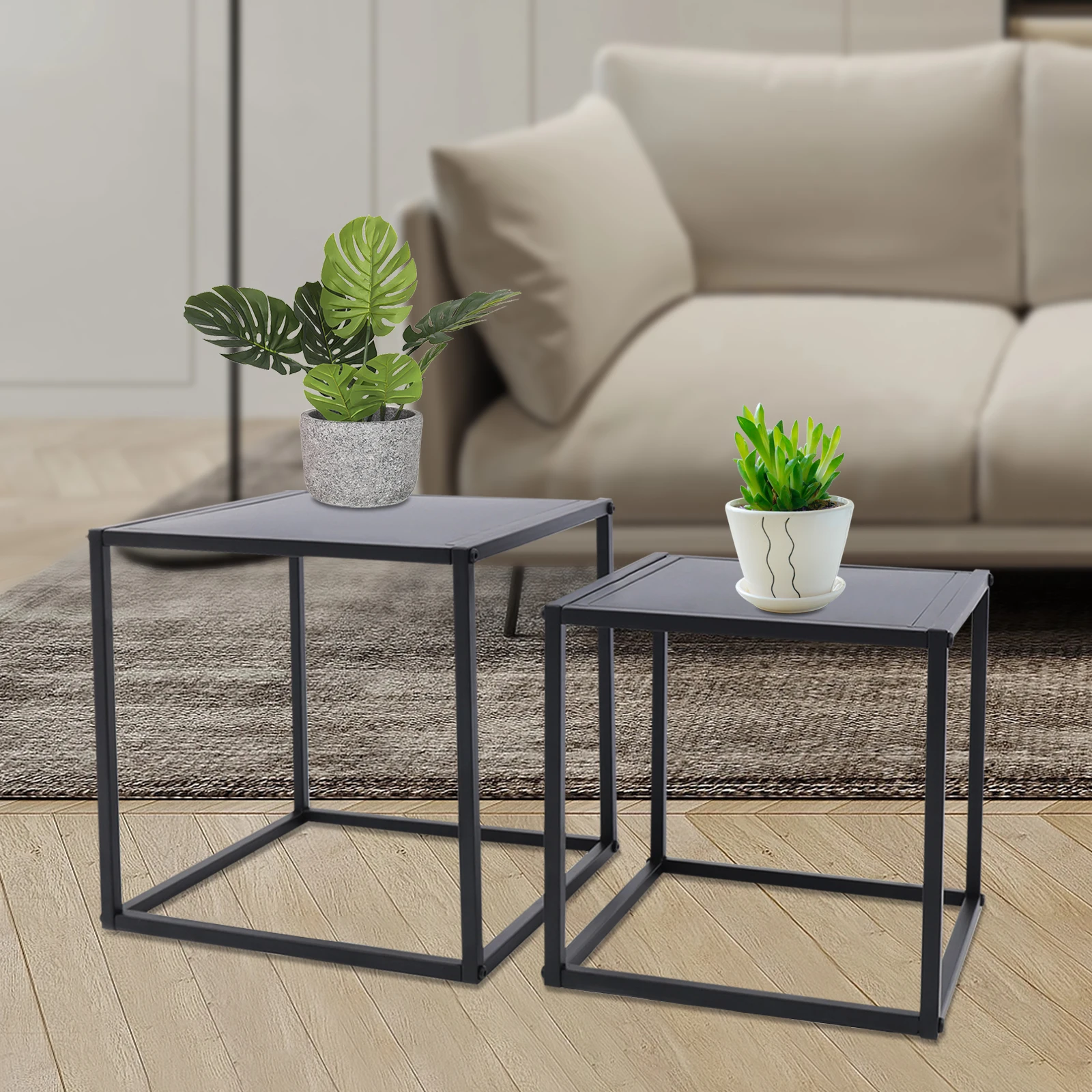 

2 PCS Frosted Black Tray Metal End Table Sofa Table Side Tables Waterproof Outdoor & Indoor Snack Table Accent Coffee Table