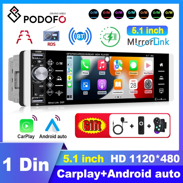 Podofo 1din Car Stereo Receiver 5188 Bluetooth Autoradio 5.1 