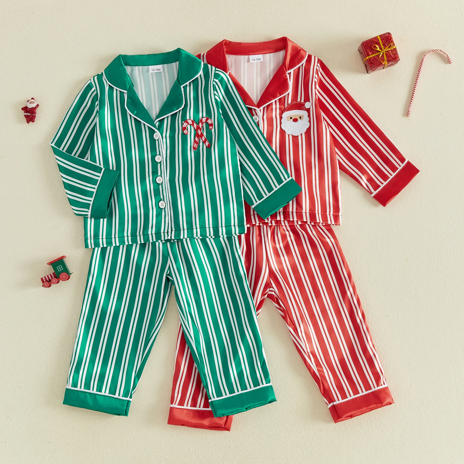 Toddler Christmas Pajamas Long Sleeve Santa Embroidery Shirt and Pants Set