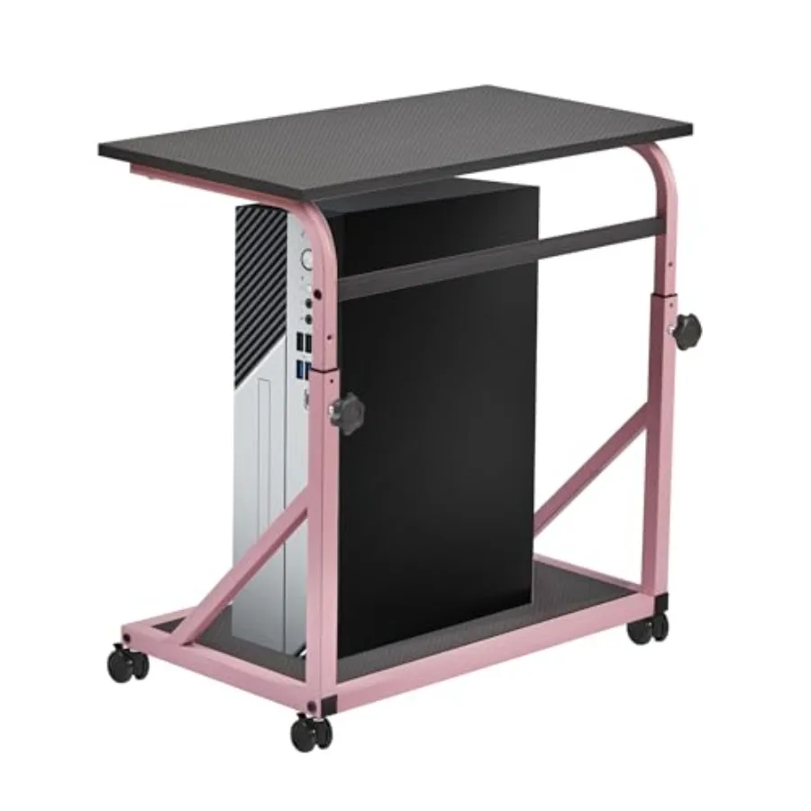 

Computer Tower Stand for Home Office: Black and Pink 2-Tier CPU Holder with Lockable Wheels, Adjustable Height Mobile PC Laptop