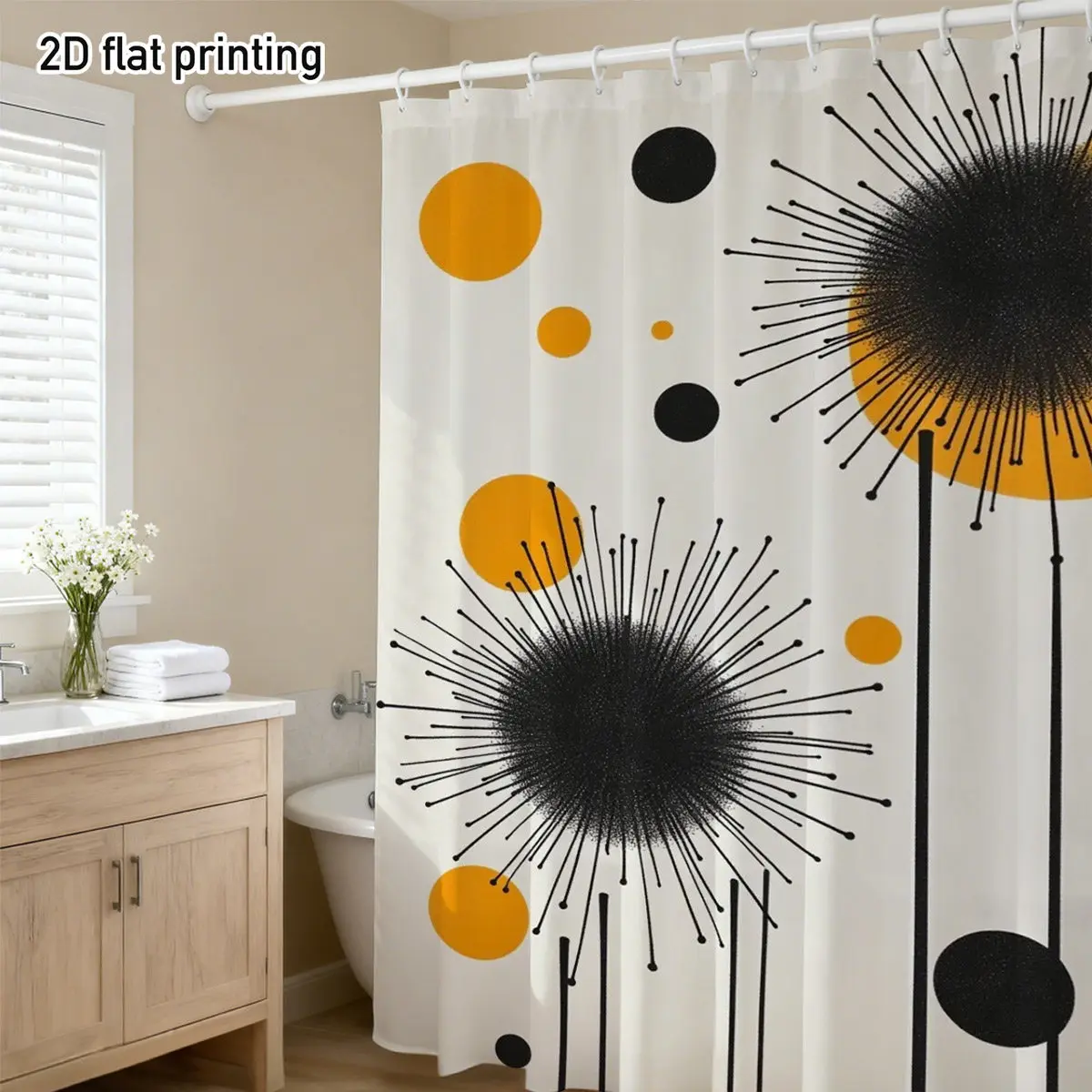 Abstract Floral Shower Curtain Black Spiky Blooms Orange Dots Cream Background Mid Century Modern Bathroom Decor