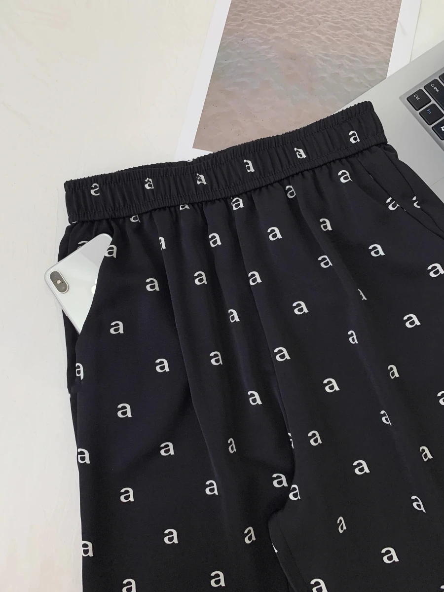 aw Wang Luxury Brand Design a Letter 2024 Summer Black Loose Wide Leg Pants For Women Baggy Trousers Y2k Harajuku Trf Clothes