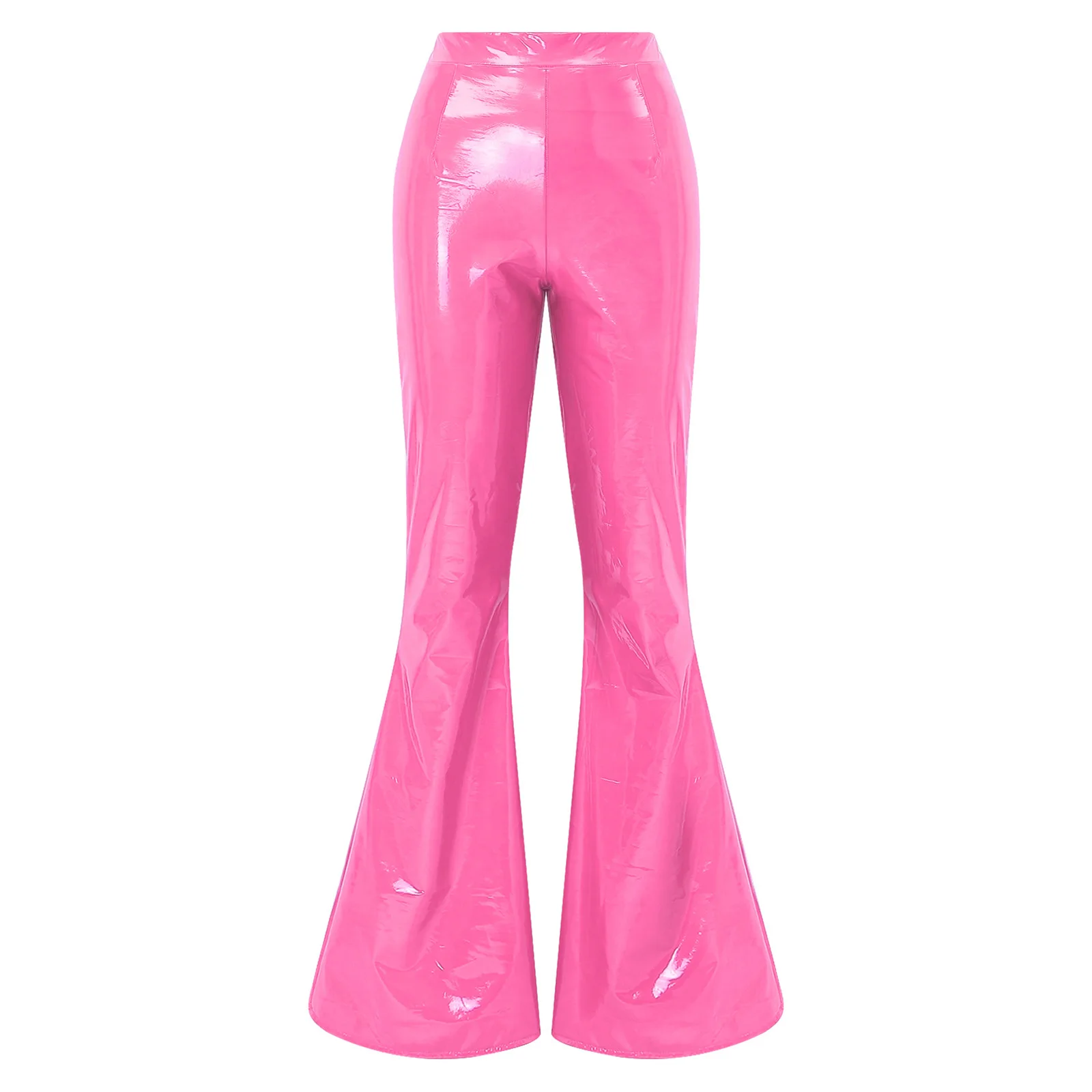 Women Glossy Patent PVC Leather Flared Pants High Waist Back Ruched Bell Bottom Long Pants Wet Look Trousers for Nightclub