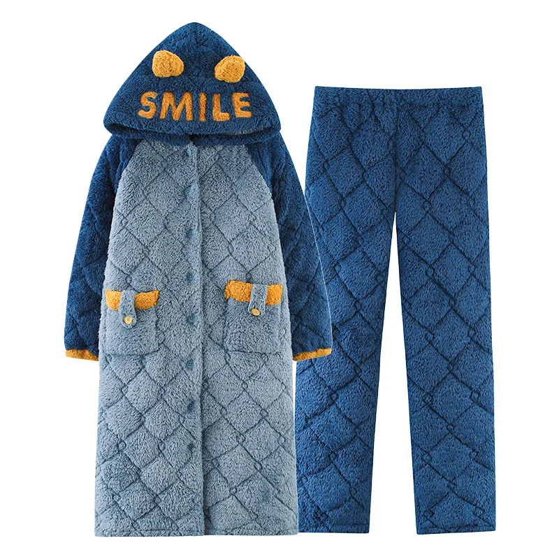 2 Pieces Set Winter Thickened Cotton Clip Robe+Pant Women Comfortable Soft Pyjamas Female Bathrobe With Hooded