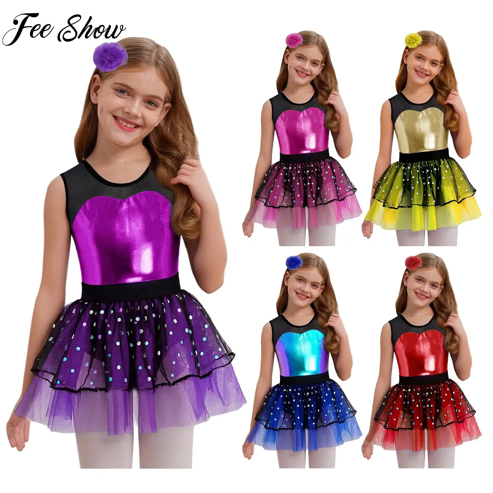 

Kids Girls Gymnastics Ballet Dance Dress Teen Figure Skating Costume Sheer Mesh Metallic Bodice Tulle Tutu Dress with Headwear
