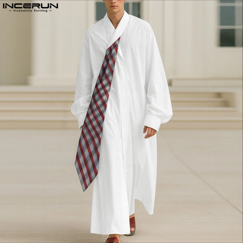 INCERUN Men Long Style Shirt Tie Patchwork Lapel Long Sleeve Men Clothing Streetwear Loose Fashion Casual Oversize Shirts Kaftan