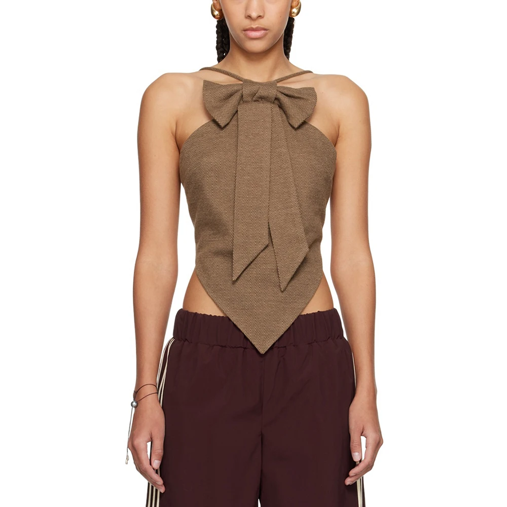 Wool Silk Blend Women's Vest Y2k Herringbone Bow Decoration Sexy Backless Commuter Hundreds Camisole Top 2024 Summer New