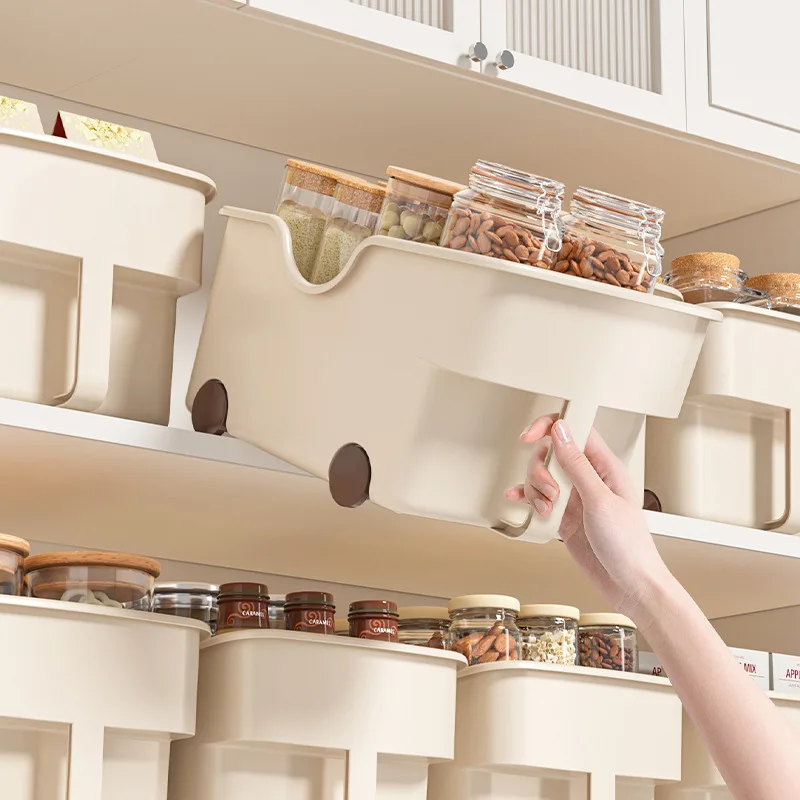 Easy Slide PP Storage Box with Handle and Wheels Rolling Organizer for Kitchen Overhead Cabinet Toys Seasoning Cupboard