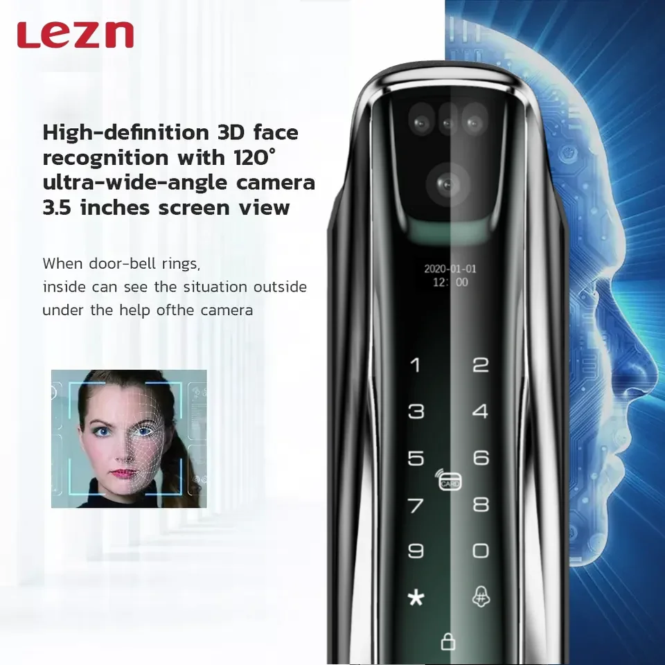 LEZN K12 Tuya 3D facial recognition with camera, fingerprint password key unlocking, smart door lock with WiFi support