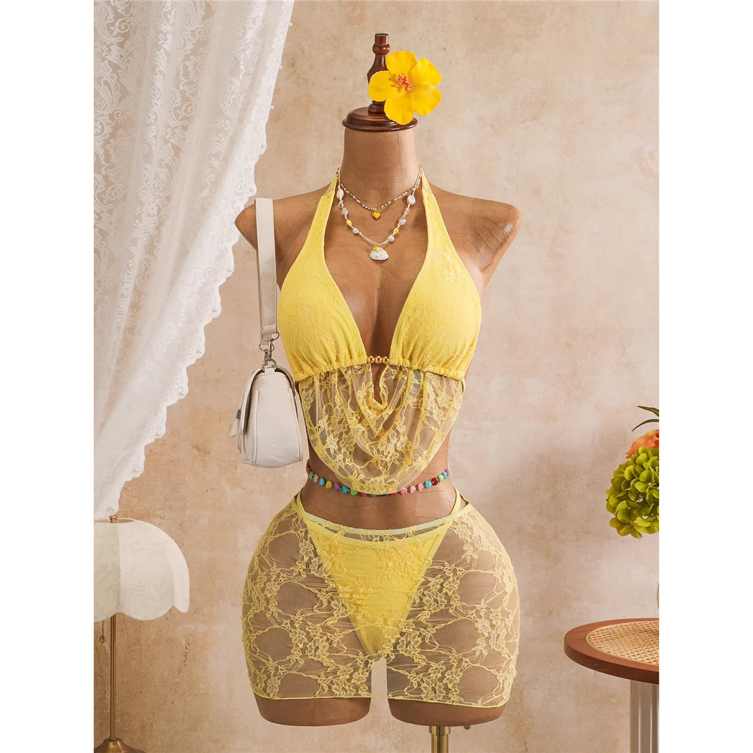 Mit Rock, Spitze, Neckholder-Bikini, Damen-Badeanzug, Damen-Bademode, dreiteiliges Bikini-Set, hoch geschnittene Beine, Badeanzug, Badebekleidung, Schwimmbekleidung V8418 – Detail 18