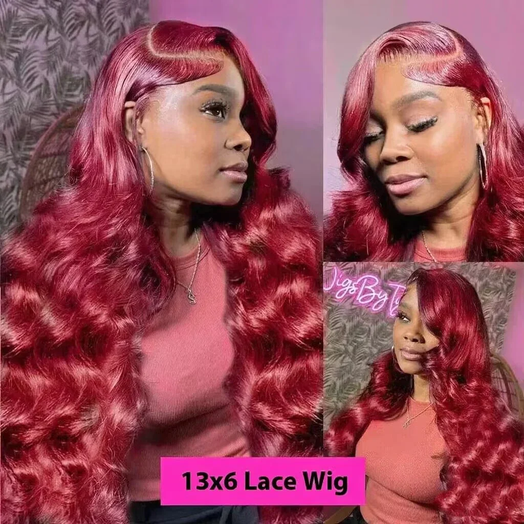 วิกผมบราซิลสำหรับผู้หญิง รุ่น 99J สีแดงเบอร์กันดี ขนาด 36-46 นิ้ว 13x6  วิกผมหน้าผากลูกไม้  ทำจากผมแท้ ความหนาแน่น 220  แบบ Body Wave  พร้อมเชือกผูกด้านหน้า 13x4 สีแดง