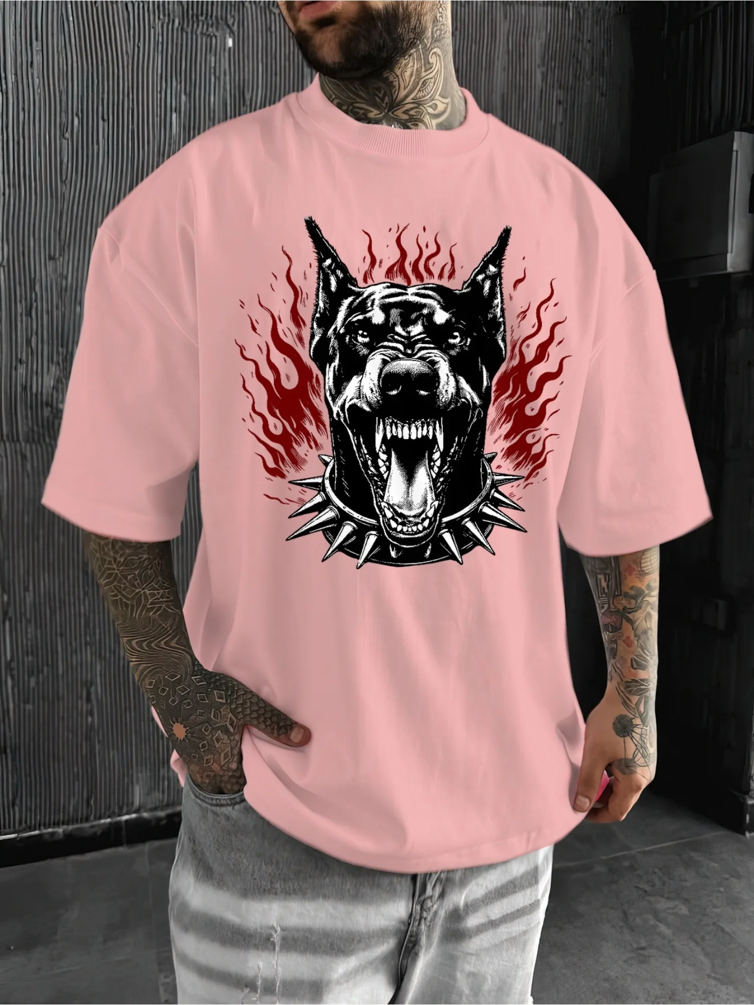 Men Women T-Shirt Angry Doberman Flames Graphic Tee Short Sleeve Cotton Gothic Streetwear Urban Casual Oversized Tops