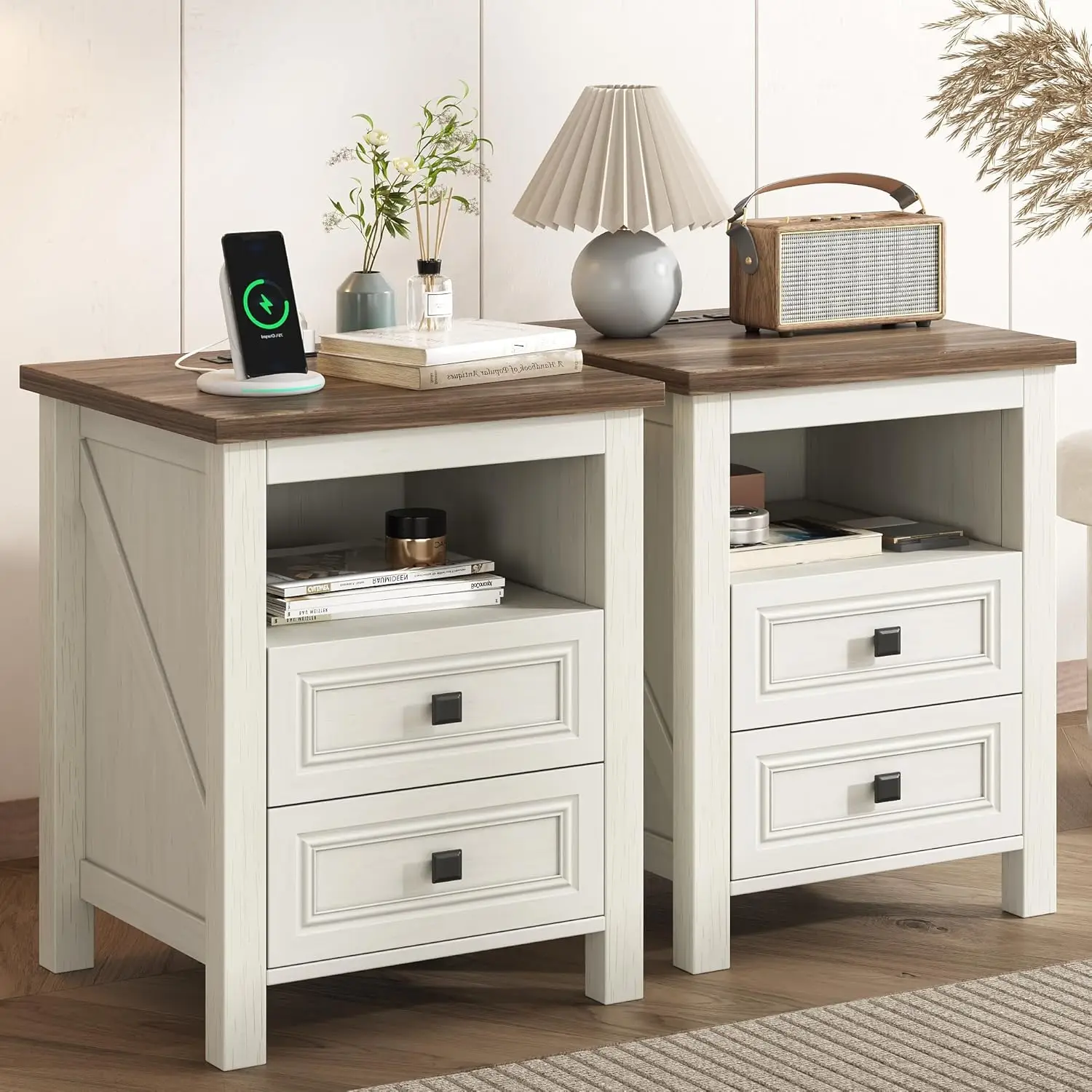 

18" Rustic Wood Nightstand Set 2 Drawers Charging Station Open Shelf Bedroom Living Room, Customized