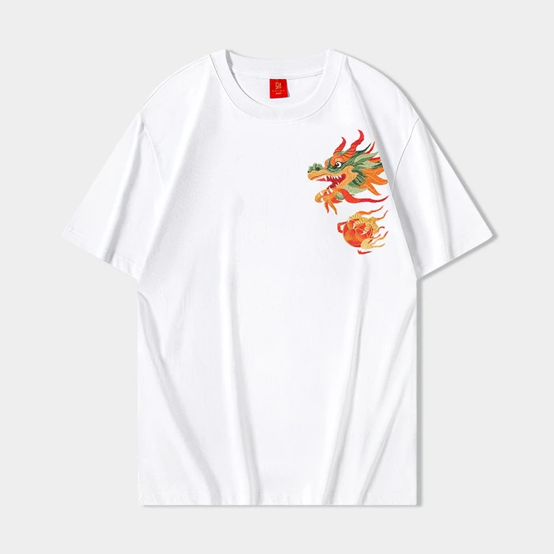 Lyprerazy National Tide Dragon Embroidery Short-sleeved T-shirt Summer Cotton Loose Men Tops Tees