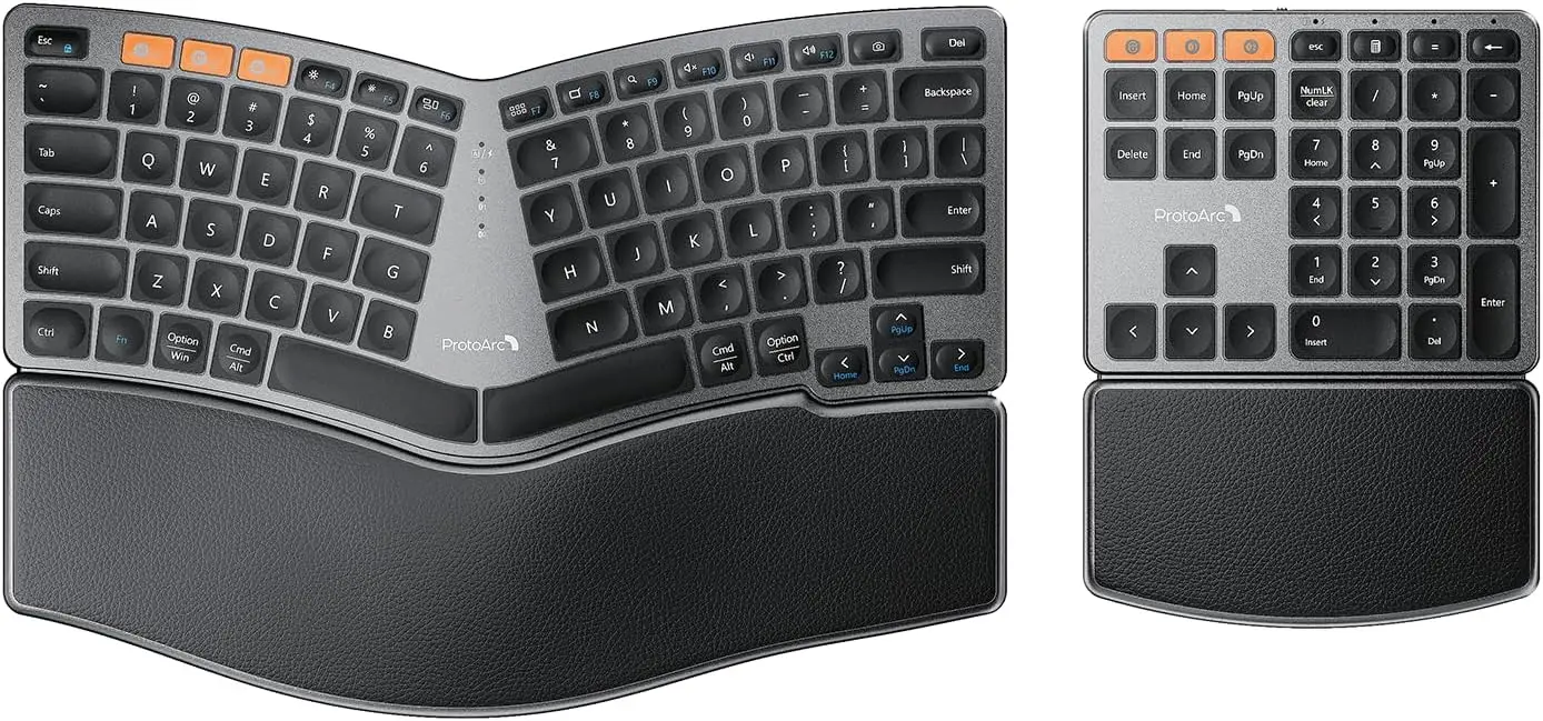 

Wireless Ergonomic Keyboard with Separate Number Pad, Dual Bluetooth and USB, Split Design for Windows/Mac/Android