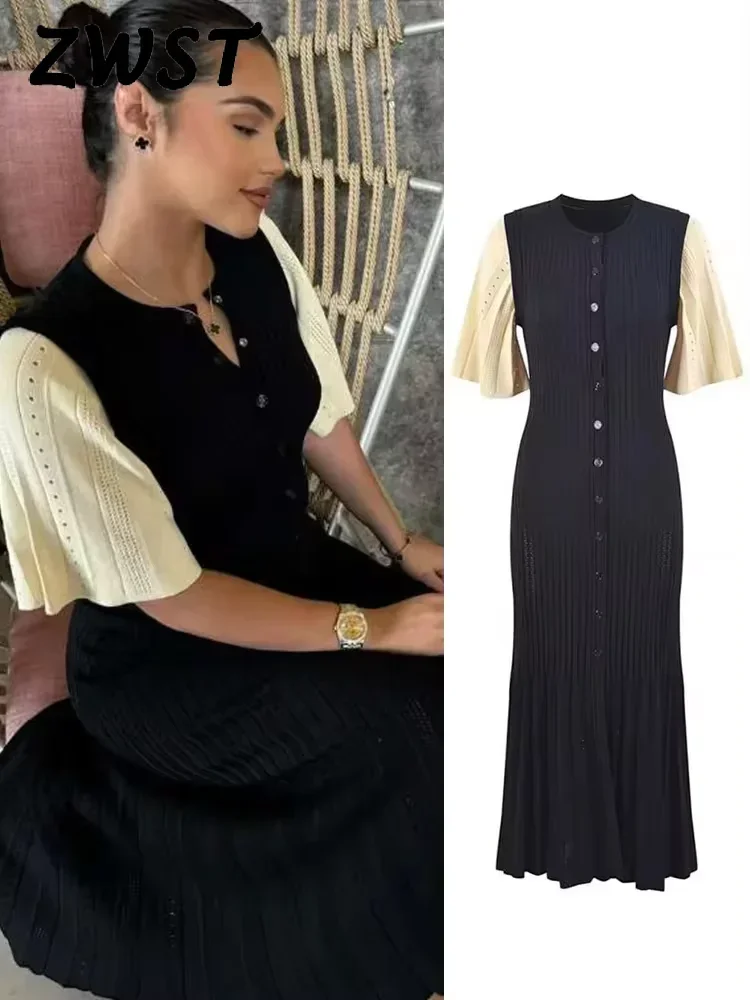 여성용 우아한 니트 원피스, 흰색 슬림 O-넥 싱글 브레스트, 짧은 소매, 긴 드레스, 여... - 1