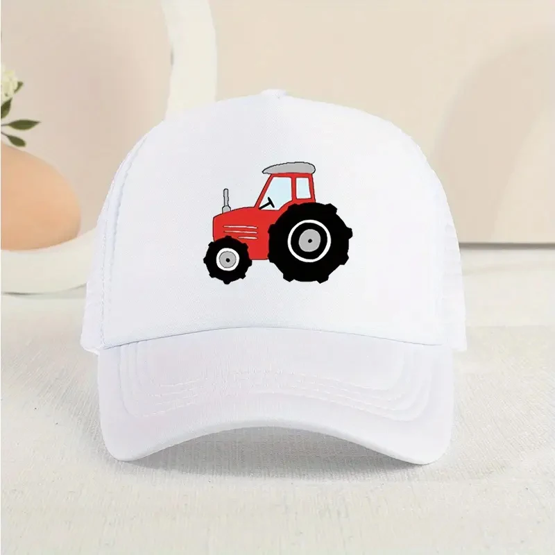 Casual Trendy Cartoon Tractor Mesh Stitching Cap Sun Protection Breathable Cap For Holiday Outdoor Traveling Boys And Girls