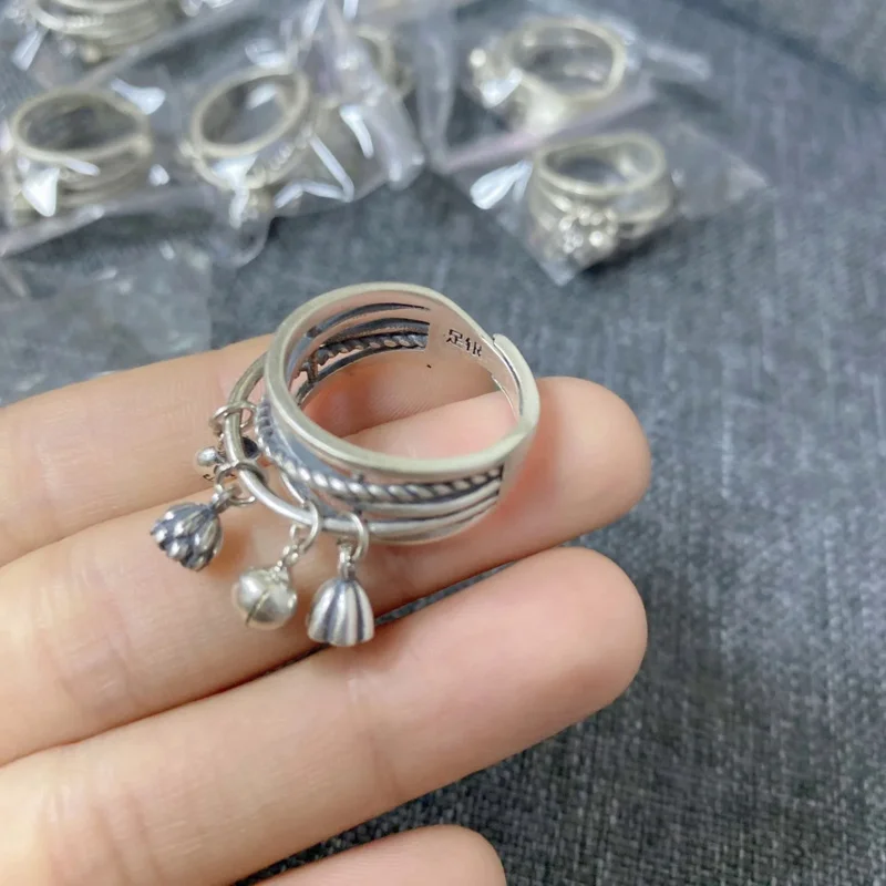 Retro Matte double layer lotus pod lucky bag small pendant ring jewelry 100% real silver tassel for women adjustable jz073