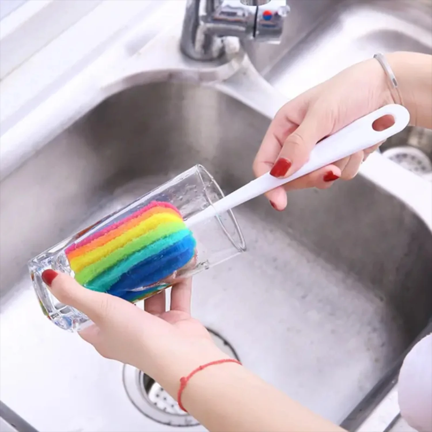 Efficient, ergonomic, and versatile long-handled multi-function seven-color rainbow shape cup brush for household bottle washing