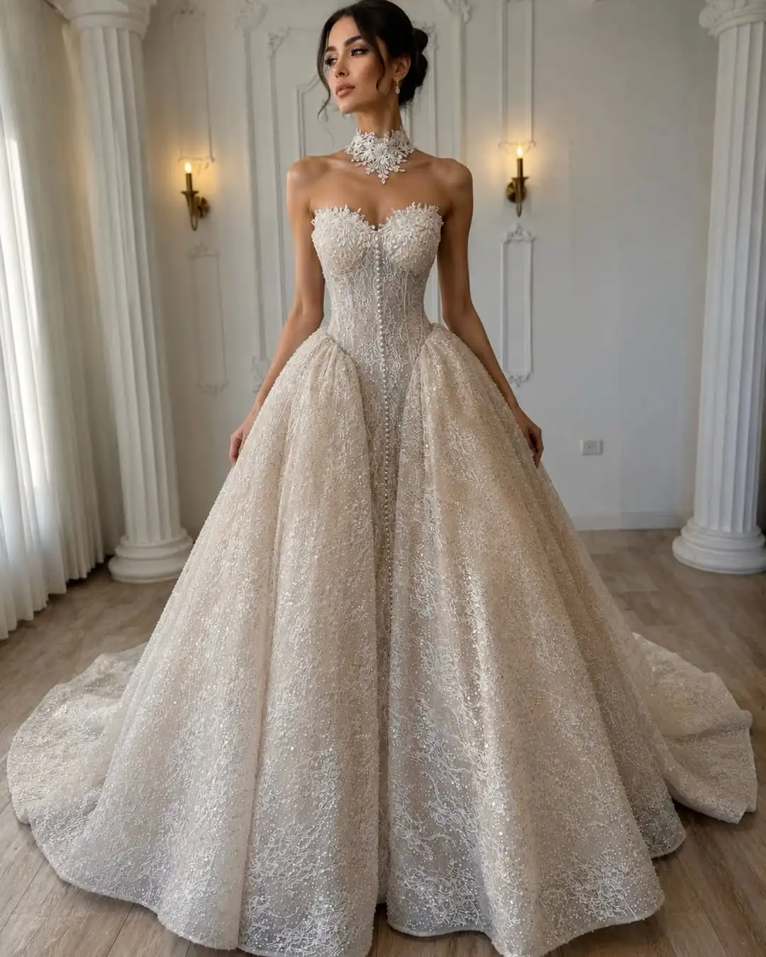 Maßgeschneiderte Neue Bezaubernde Prachtvolle Hochzeitskleider Sumorgue Trägerloses Ärmelloses Spitzenkleid Sexy Damen-Brautkleid Vestido De Novia