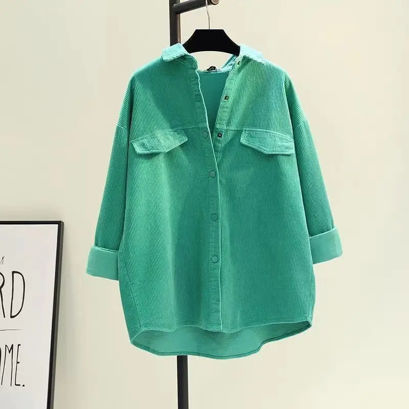 Green Mid-length Corduroy Shirts Women Autumn Casual Solid Simple All-match Cozy Loose Korean Style College Office Ladies Chic