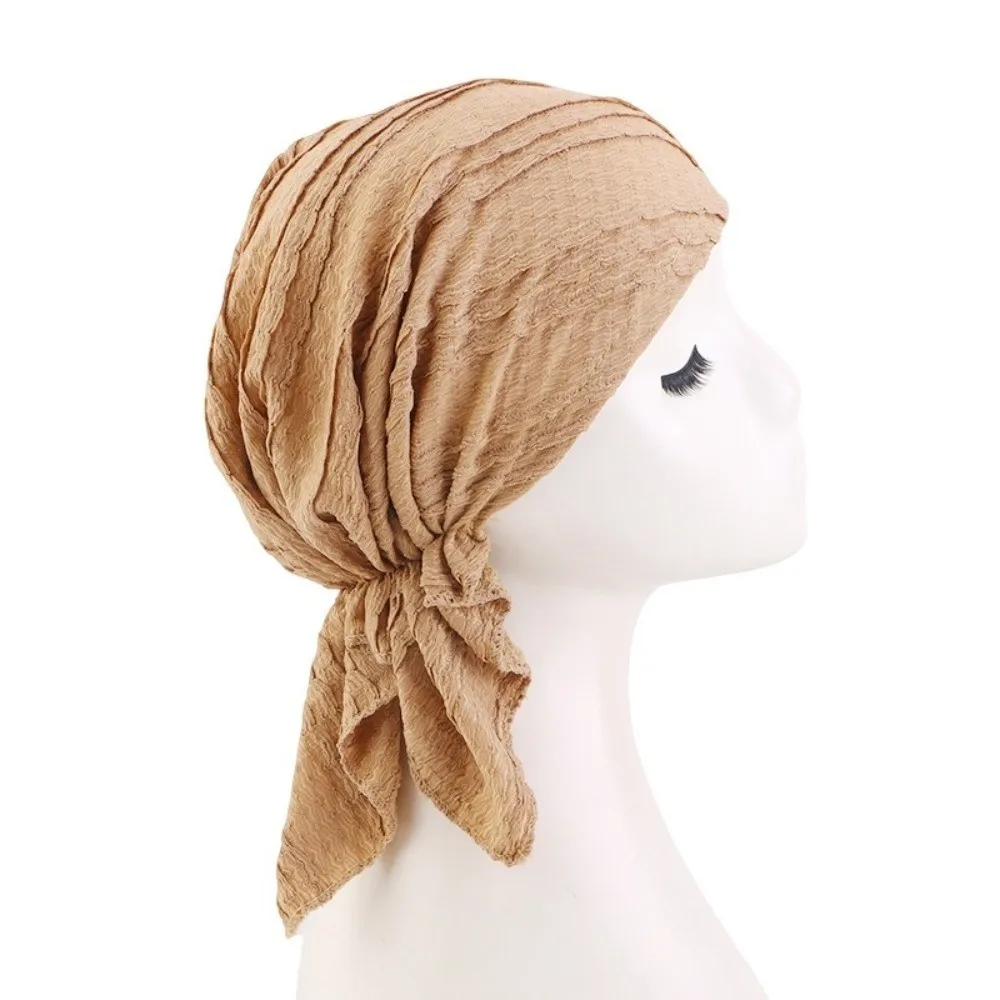 

New Cotton Crinkle Muslim Hijab Hats Solid Color Elastic Chemo Beanies Caps Triangle Turban Head Wrap Cancer Bandanas