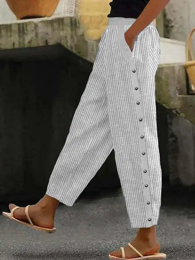 2025 Fashion New Print Striped Nine-point Pants Women's Summer Casual Pocket Trousers Europe and America