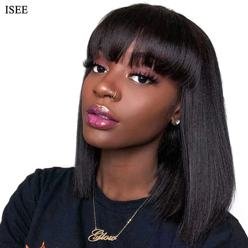 ISEE HAIR Machine Made Sew In Short Bob Wig With Bangs Human Hair Wigs  Brazilian Straight Wig with Bang For Women Glueless Wigs