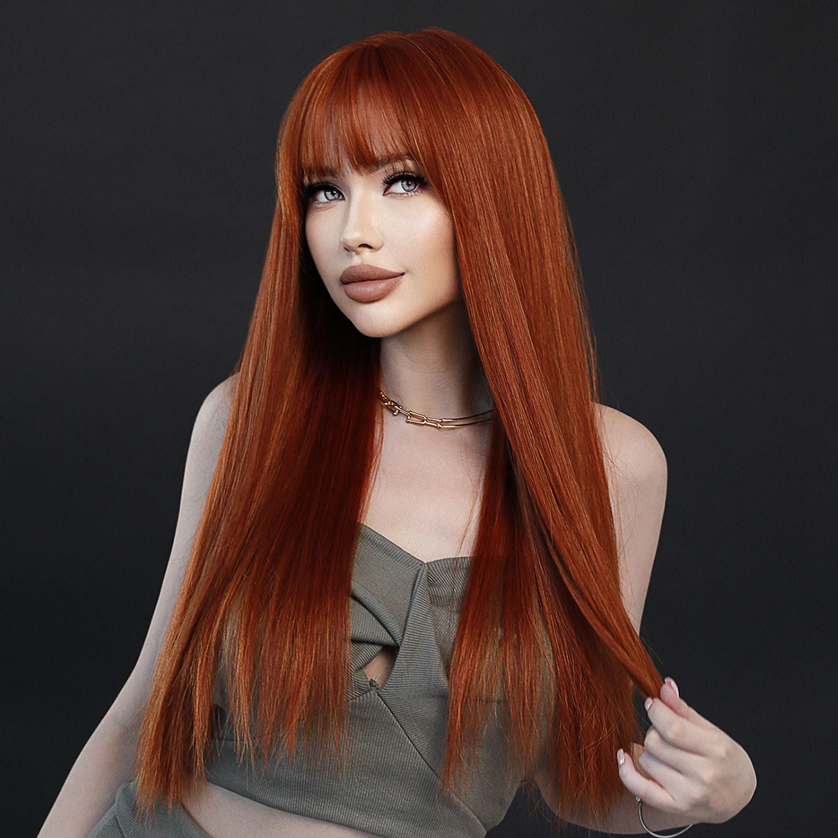 

7JHH WIGS Long Straight Reddish Brown Wigs with Air Bangs High Density Heat Resistant Synthetic Hair Wigs for Women Party Use