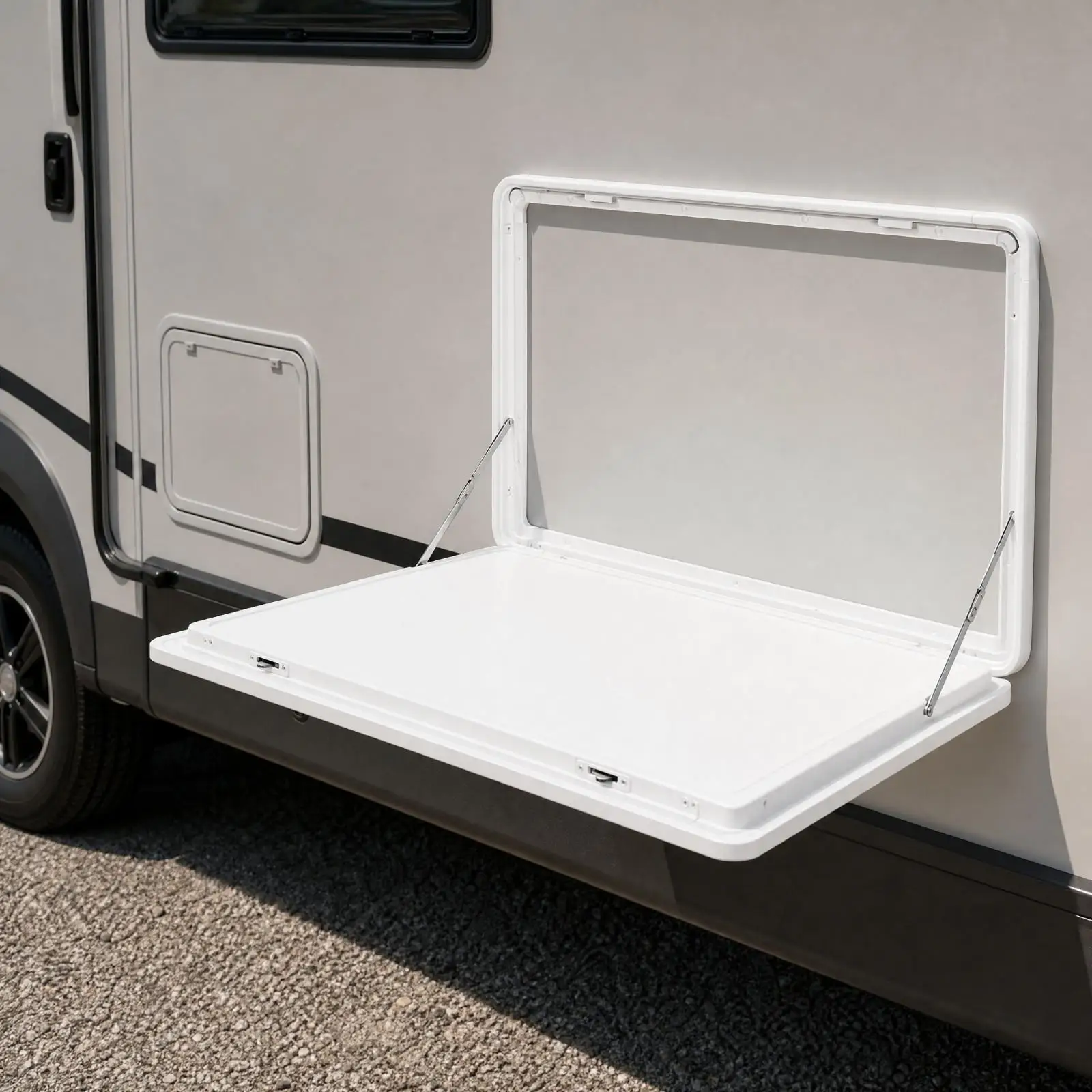 Folding Camping Table for RV Exterior Side Mounted Food Prep Station with Locking Hinges Compact Deck Table for Outdoor Kitchen