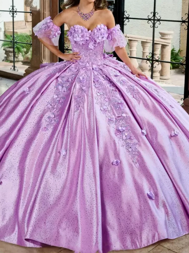 Maßgeschneiderte elegante lila 15-jährige Mädchen-Quinceanera-Kleider mit Blumenmuster, gerüschter Puffrock, Damen-Abschlussball, formelle Kleidung, Partykleid 2023