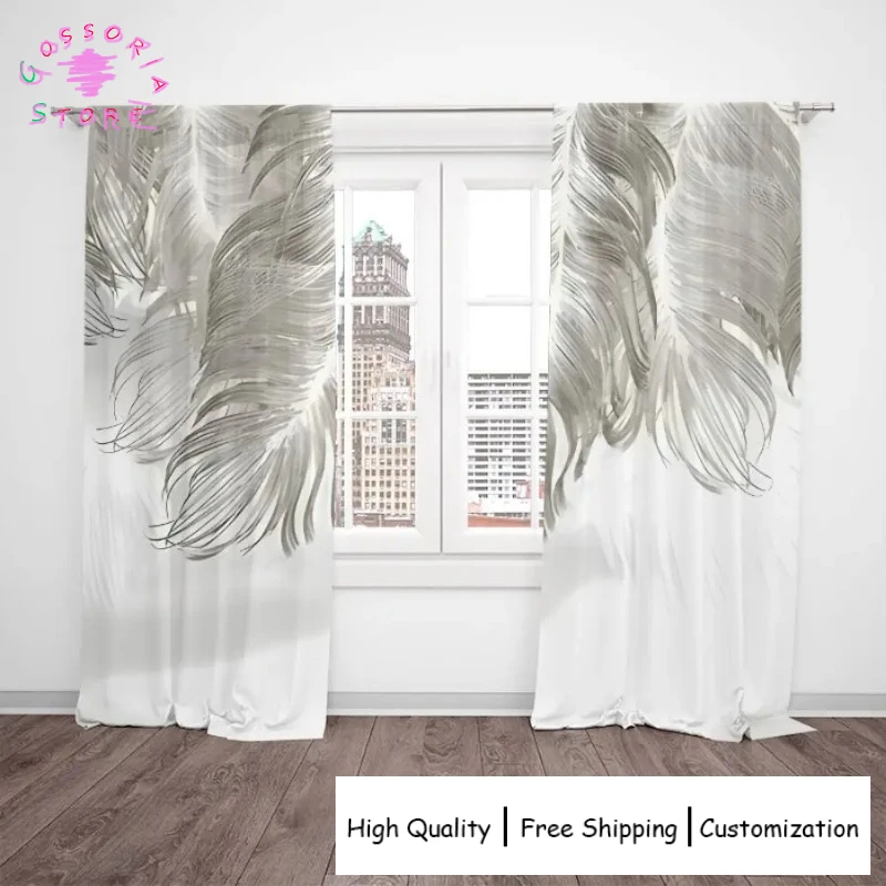 

Sample Custom Luxury Elegant Grey Feather Printed Curtains for Bedroom Living Room Drapes Blackout Thermal Insulated Home Decor