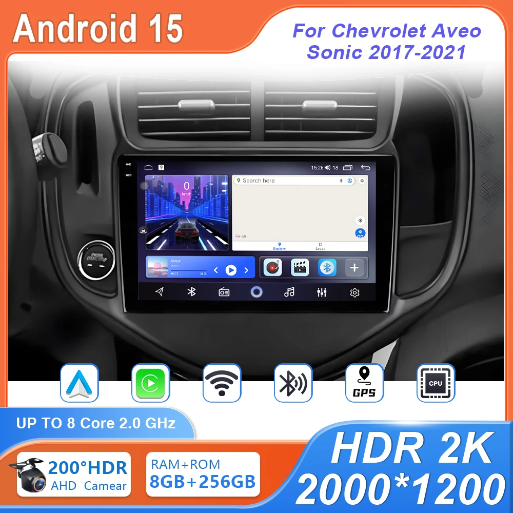 Android 15 multimídia para chevrolet aveo sonic 2017-2021 multimídia carro monitor player autoradio navegação gps estéreo traço cam