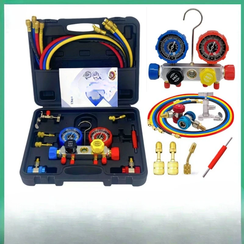 R134a Pressure Gauge R410 Refrigerant Double Gauge Valve Air Conditioner Fluoride Tool