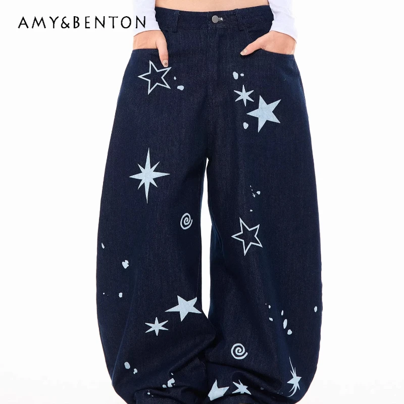 

American Retro Sweet Cool Star Print Women's Jeans 2025 Autumn New Design Loose Casual Versatile Wide-Leg Long Trousers Ladies