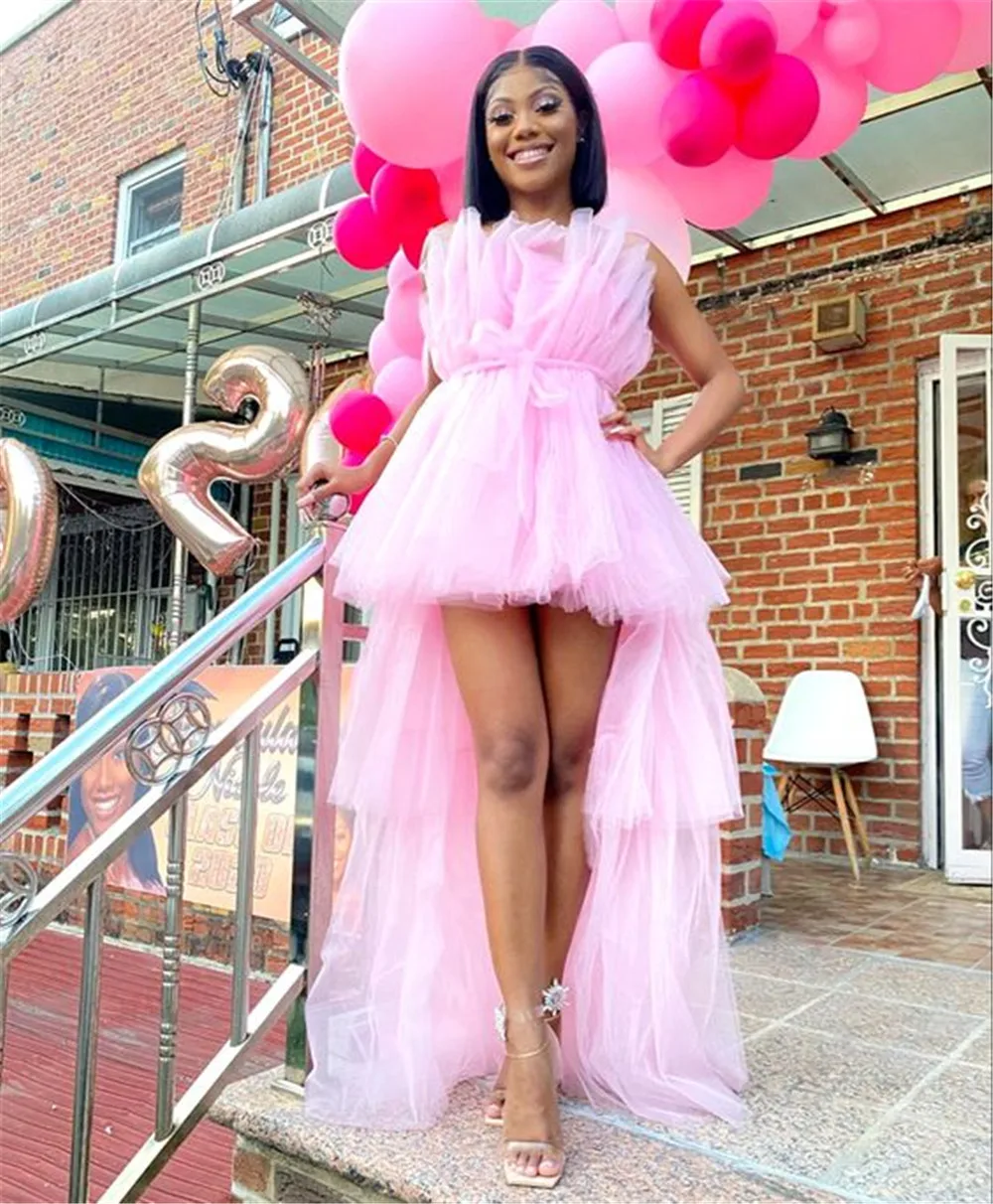 Vestido de tul Alto y Bajo sin tirantes para mujer, traje elegante de Color sólido escalonado para fiesta de cóctel, graduación, Negro, Rosa y