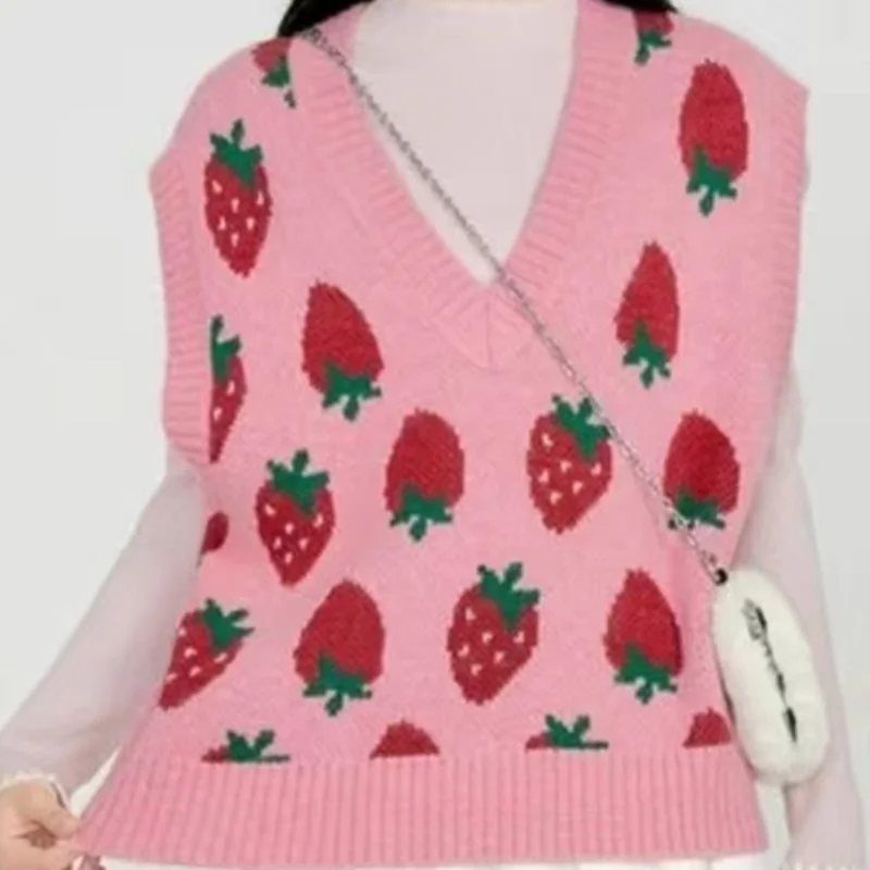 Women Spring New V-neck Pullover Knitted Tank Top Fashionable and Sweet Strawberry Print Warm Leisure Versatile Sleeveless Vest