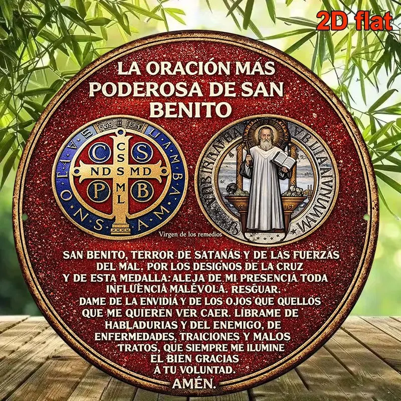 2D Vintage Metal Sign, St Benedict Most Powerful Prayer Exorcism Decor Plaque, Round Aluminum Wall Art for Living Room Bedroom B