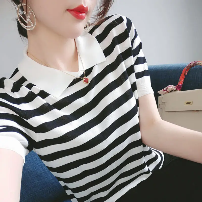 Fashion Lapel Printed Striped Oversized Knitted Shirt 2022 Summer New Commute Pullovers Loose Casual Women\'s Clothing Blouse