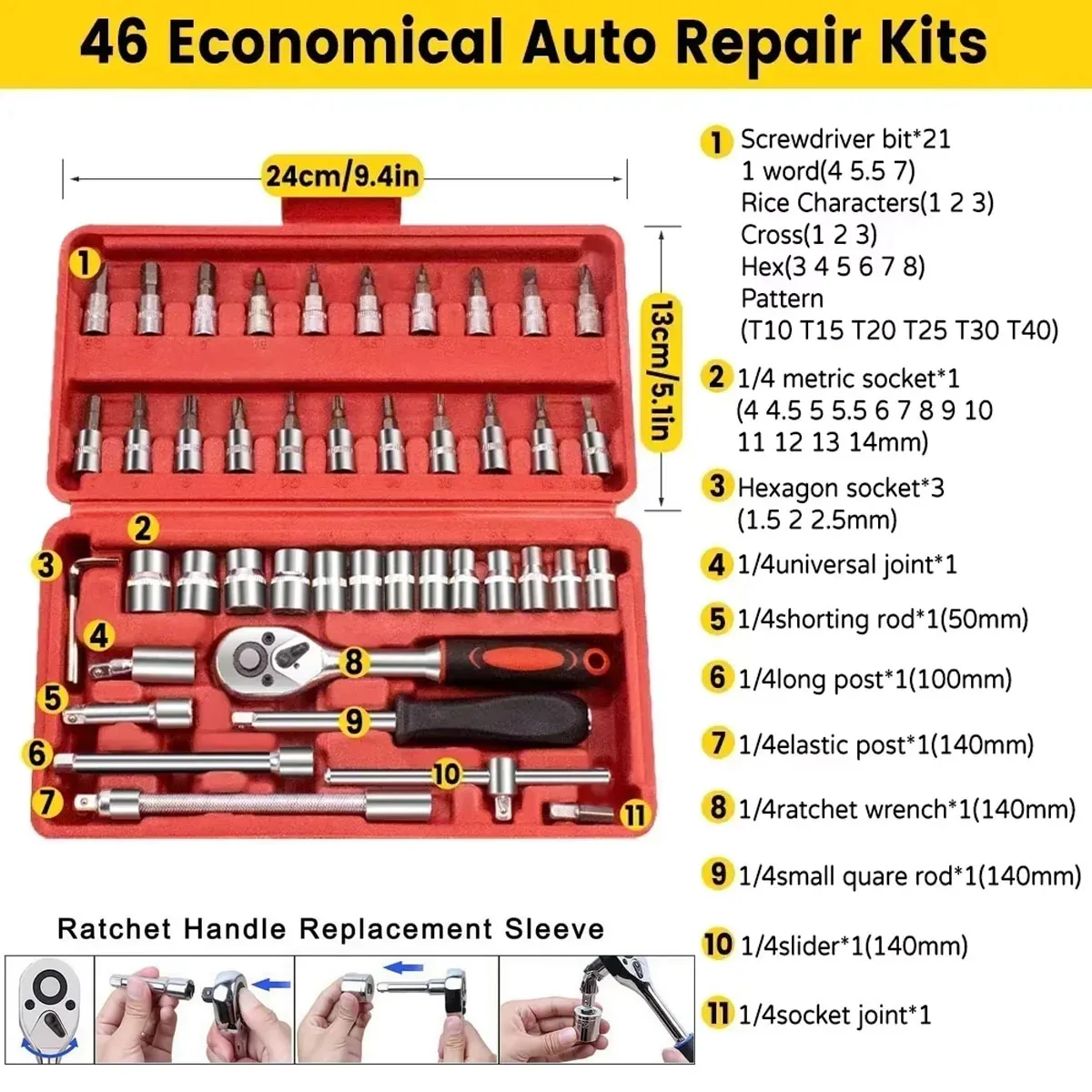 46pcs Socket Wrench Set Professional Mechanical Workshop Tools Kit Motorcycle Ratchet Spanner Multi-functional Car Repair Tool