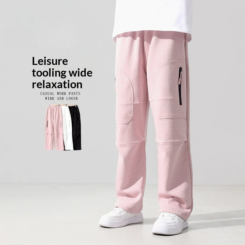 

School Kids Casual Cargo Sweatpants Zipper Pocket Wide Loose Fit Pants for Boys & Girls Black/Pink/White Outdoor Wear Trousers