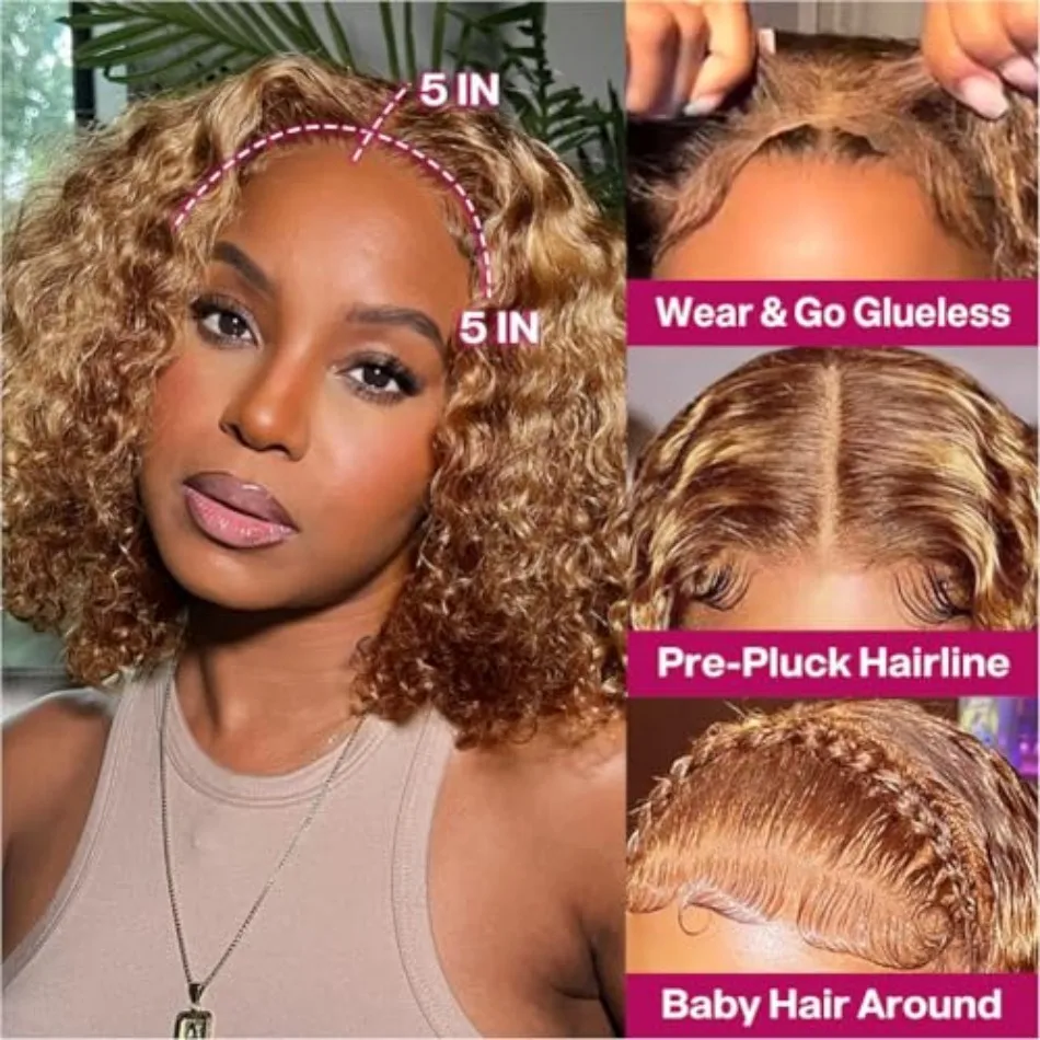 Deep Wave Bob Wig Human Hair Glueless Highlight 5x5 HD Lace Front 220% Density 4/27 Colored Ombre Wear and Go Human Hair Wigs image 2