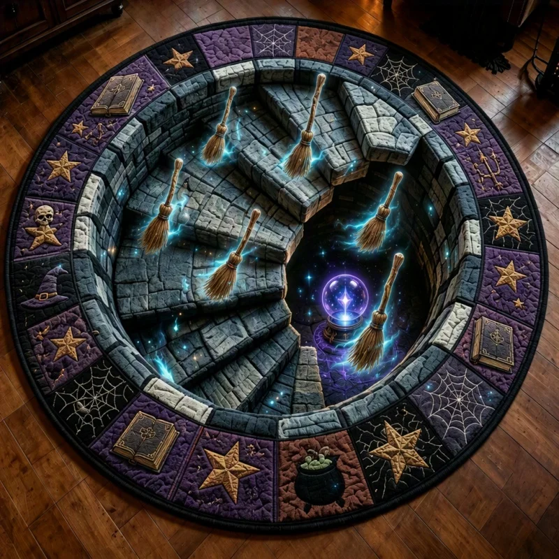 Magic 3D Illusion Round Area Rug, Wizard Broom Crystal Ball Circular Floor Mat, Halloween Home Decor