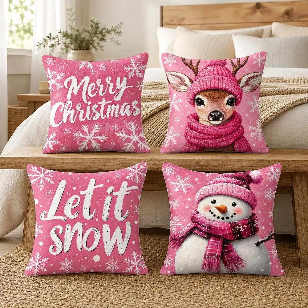 Pink Christmas Quote Cushion Cover Silky Short Plush Invisible Zipper Dustproof Sofa Pillow Case For Home Decor