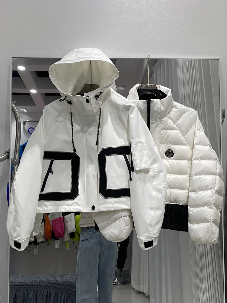 Chaqueta con capucha y forro interior extraíble para mujer, chaqueta acolchada gruesa y cálida de dos piezas, prendas de vestir Parker de plumón de pato blanco para invierno